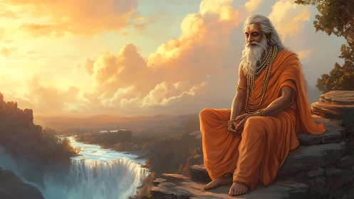 Elderly robed figure seated on cliff above wide waterfall.