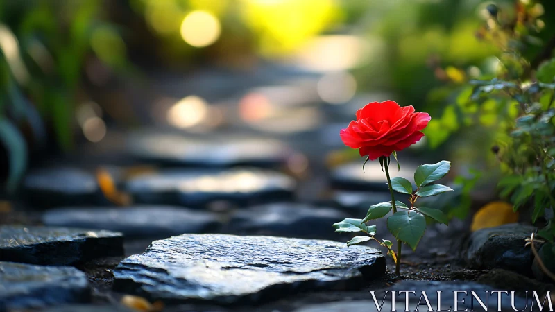 Single red rose grows between wet stones on a garden path