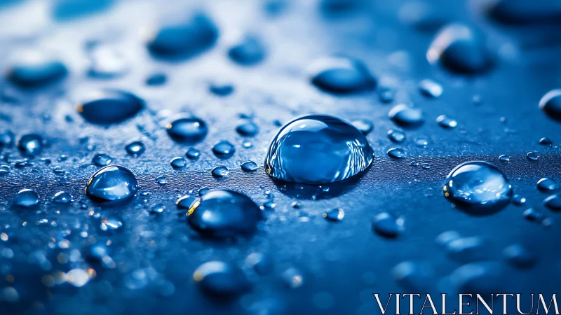 Macro view of water droplets on smooth blue surface.