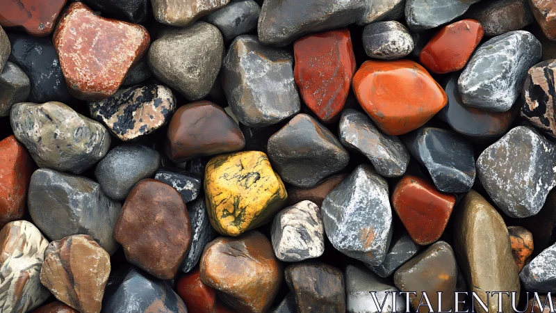 Polished river stones forming dense multicolored surface.