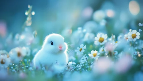 White rabbit sits in soft-focus meadow filled with flowers