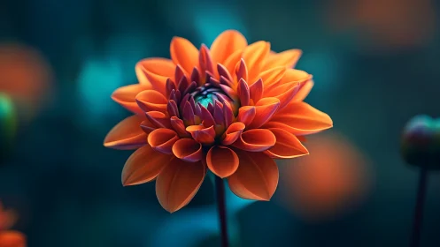 Red-orange dahlia flower with layered petals against teal background
