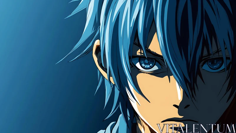 Storm-blue anime gaze poised between shadow and light.