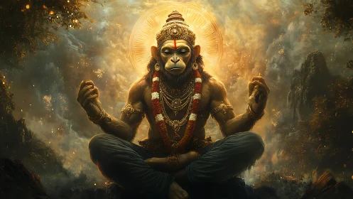 Divine simian yogi in radiant forest haloed in gold light.