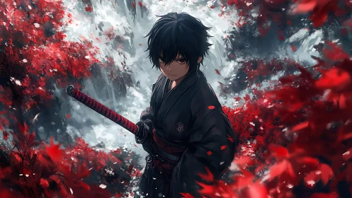 Black haired swordsman stands in red autumn forest