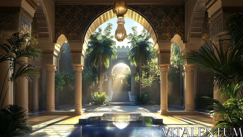 Sunlit Moorish courtyard with arches, pool, and palm trees.