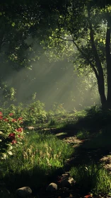 Forest Stream with Filtered Sunlight Through Canopy