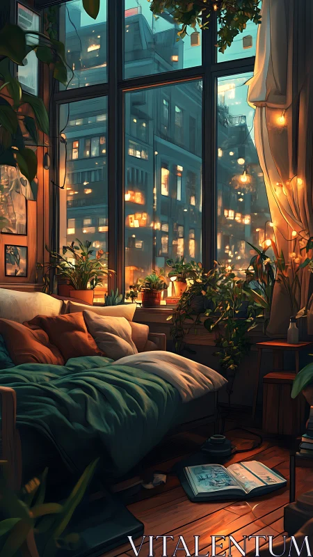 Interior bedroom corner overlooks illuminated urban windows