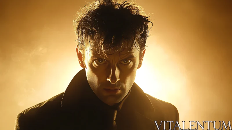 Intense backlit man stares through cinematic golden haze