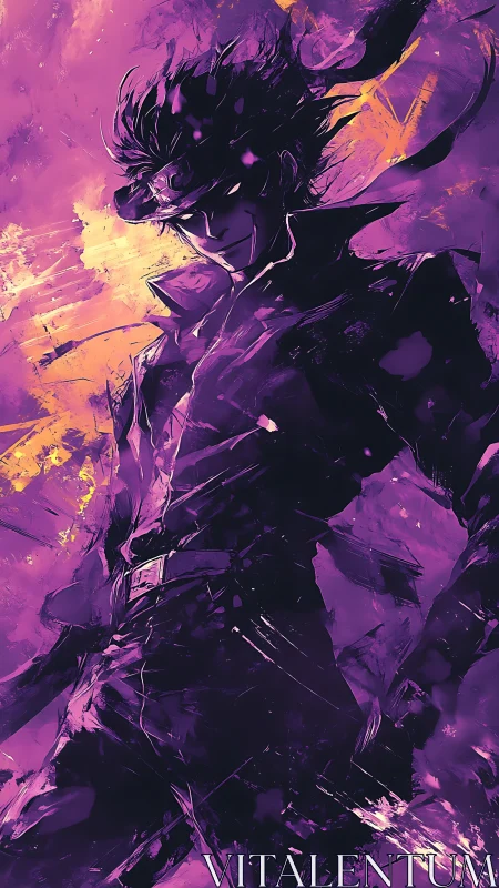 High-contrast anime warrior in violet and gold dynamic lighting