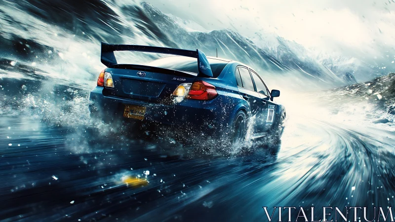 Rally car drifts through icy mountain road at high speed