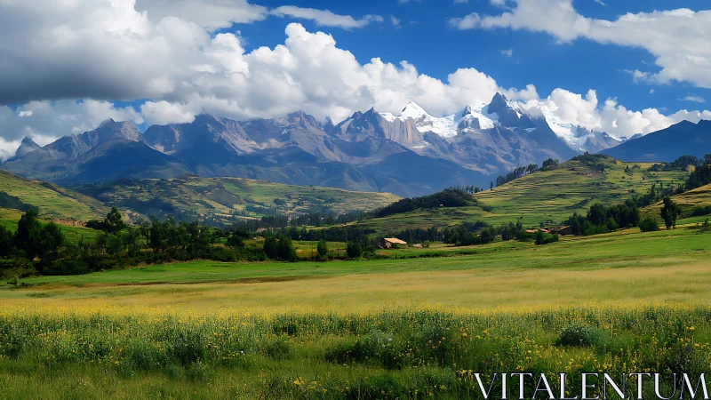 Alpine valley panorama with stratified farmland and cirque peaks.