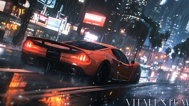 Neon rainstorms chase a red supercar through chrome streets