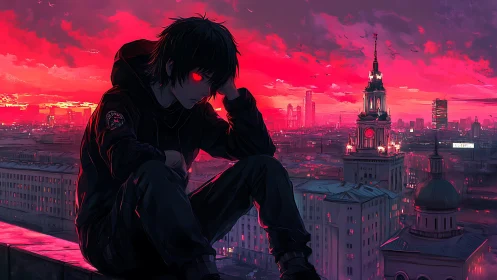 Brooding rooftop watcher rests under a blazing red city sky