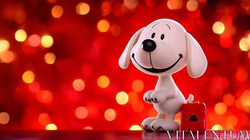 Smiling cartoon puppy figurine on red bokeh background.
