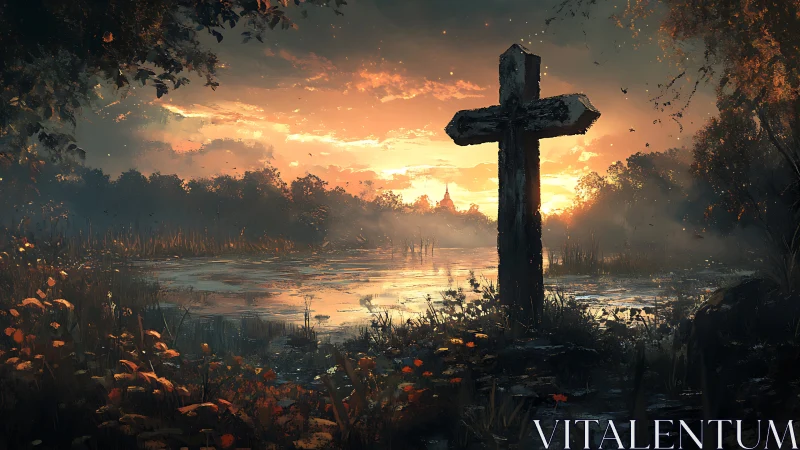 Weathered lakeside cross converses softly with the sunset sky