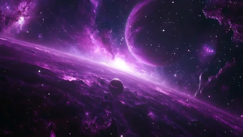 Ultraviolet exoplanet horizon with nebular plasma structures.