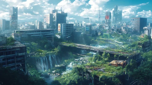 Lush waterfalls gently reclaim a quiet futuristic city