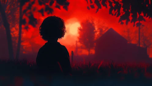 Child silhouette against red dusk over rural houses.