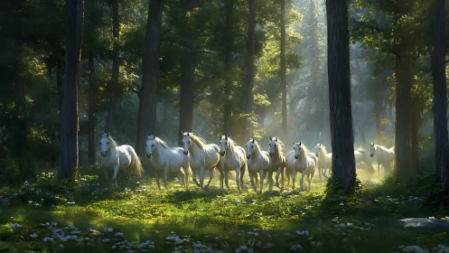 White horses running through sunlit forest clearing.