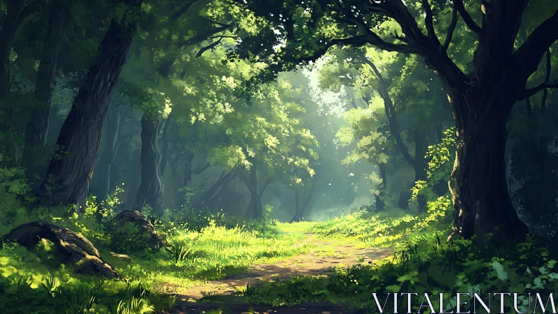 Forest Path Through Ancient Trees with Dappled Light.