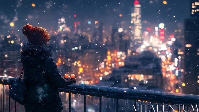 Snowy rooftop gaze softens the glow of winter city lights