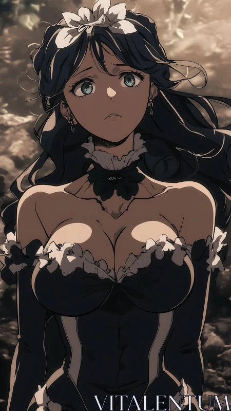 Female anime character in gothic maid dress outdoors.