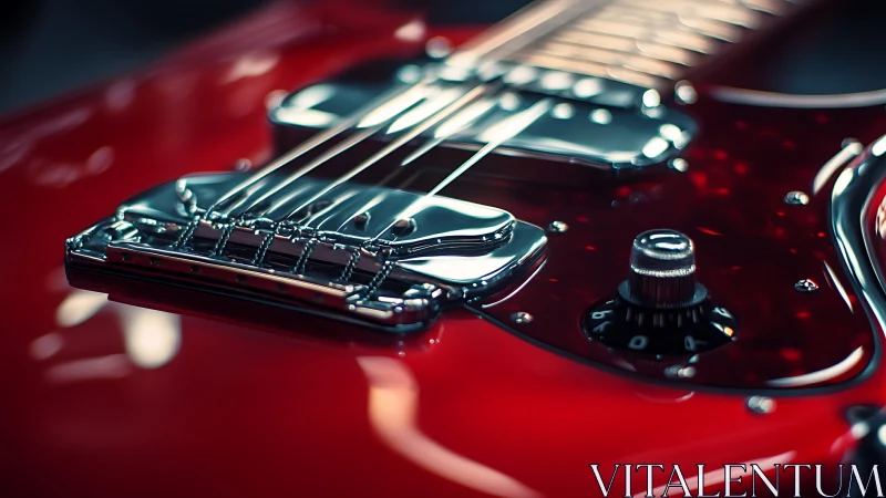 Close view of red electric guitar bridge hardware detail.