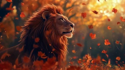 Majestic lion enjoys a golden autumn forest breeze calmly