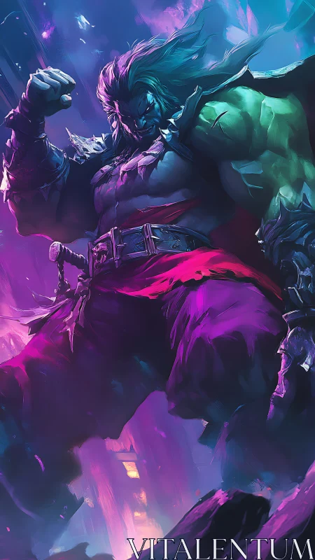 Muscular armored figure stands in dynamic, lit fantasy scene