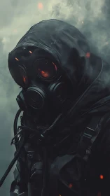 Hooded gas mask wanderer in smoky post apocalyptic storm.