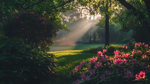 Early sunbeams cut through flowering garden under dense canopy