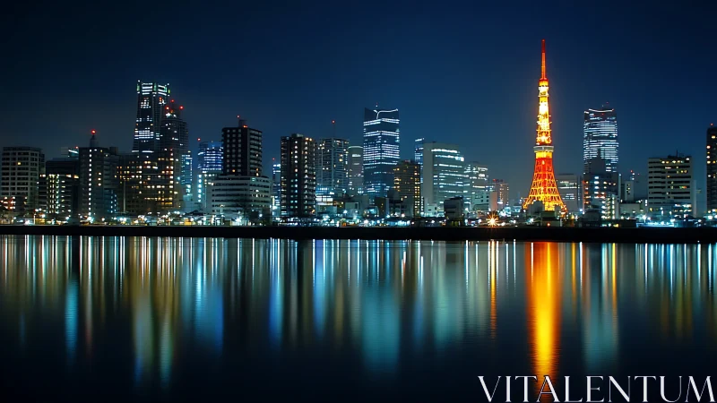 Nocturnal highrise skyline with luminous tower reflections.