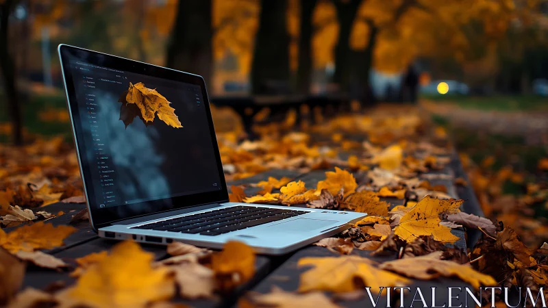 Autumn leaves court a glowing laptop in park-bench hush.
