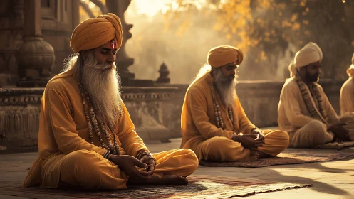 Saffron-robed elders in sunrise meditation on stone terrace