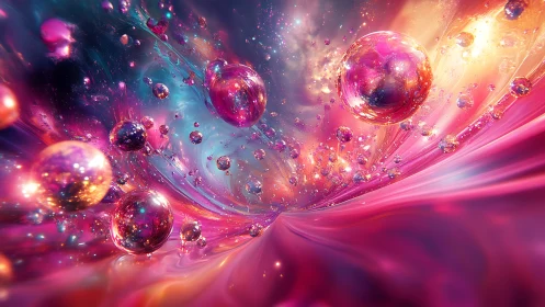 Prismatic bubble galaxies surfing a neon starlit current.