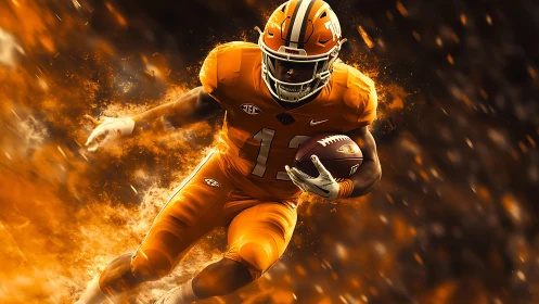 Electric football runner charges forward through blazing sparks