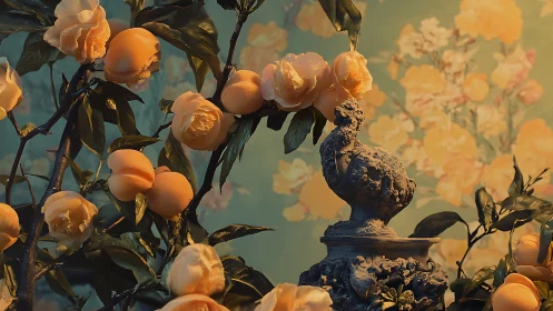 Stone bird sculpture is framed by orange flowers and foliage