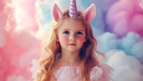 Dreamy unicorn girl stands amid pastel fantasy clouds.