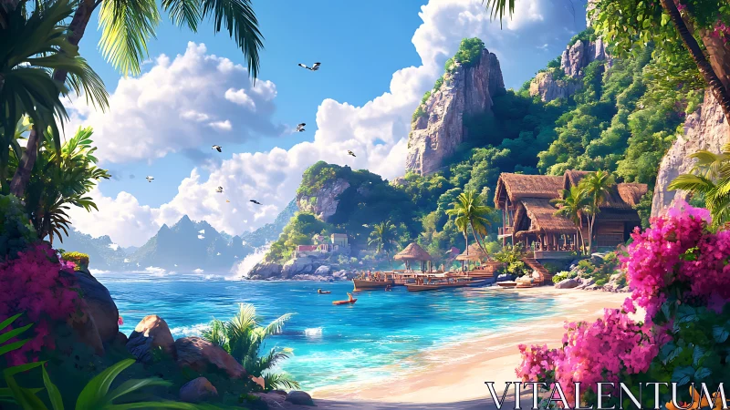 Tropical Paradise Cove with Limestone Cliffs.