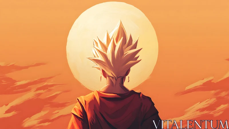 Spiky haired figure against large sun at orange sunset.