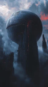 Colossal dark sphere looms above dystopian fortress spires.