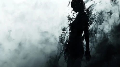 Silhouette in dissolving ink cloud amid pale swirling mist.