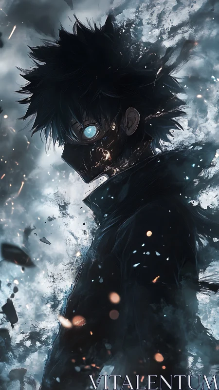 Masked stormborn hero walking through embers and mist.