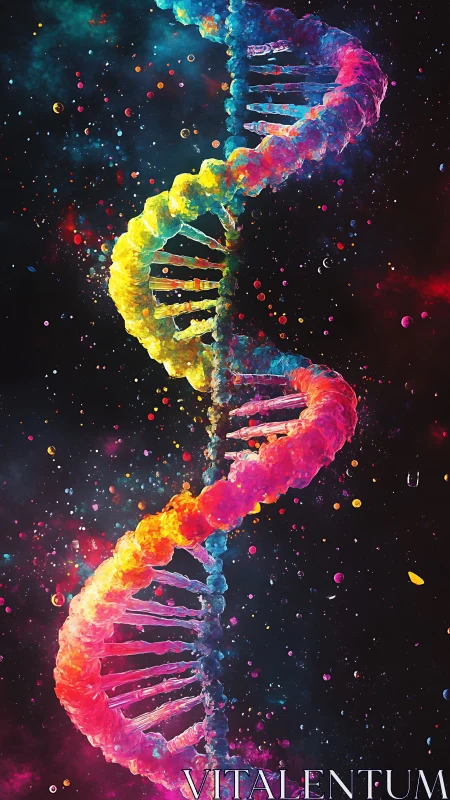 Chromatic double-helix structure rendered as cosmic fluid geometry