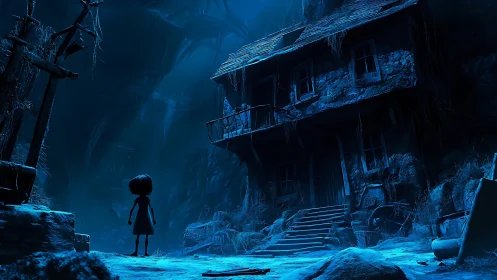 Moonlit child before crooked ghost house in blue gloom.