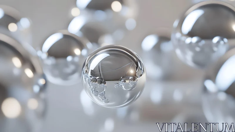 Multiple reflective metallic spheres occupy a shallow depth field