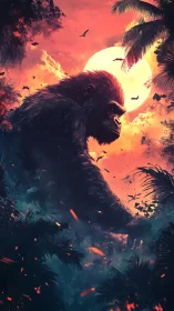 Sun-drenched titan gorilla strolls through burning jungle dusk