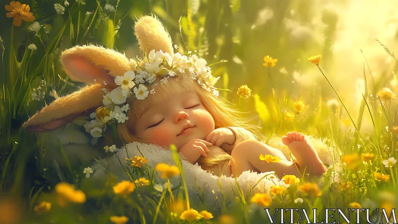 Luminous meadow infant with lapine ears in golden bokeh field.