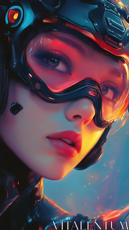 Cybernetic visor portrait in neon bicolor rim lighting closeup